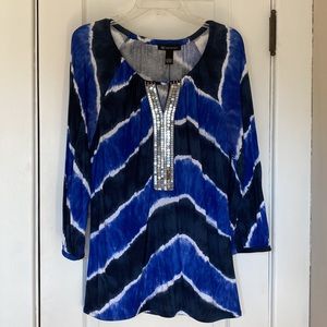 INC- Shades of Blue Tie Dye Summer Top With Silver Sequin Detail